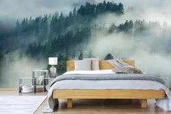 Фотообои лес в тумане в интерьере спальни