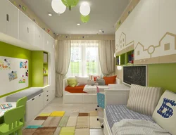 Дизайн прямоугольной детской спальни