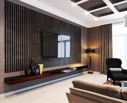Дизайн гостиной с рейками и камином