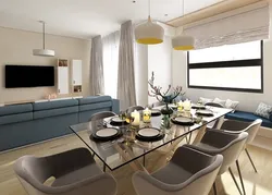 Дизайн кухни гостиной с диваном и столом