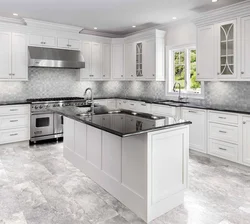 Porcelain tile floor photo in a white kitchen