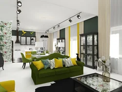Серо зеленый интерьер гостиной кухни