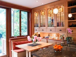 Wooden windows in the kitchen interior