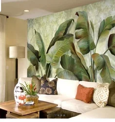 Стена с листьями в интерьере гостиной