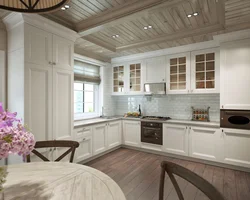 Интерьер белой кухни в доме из бруса