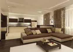 Дизайн коричневой кухни с диваном