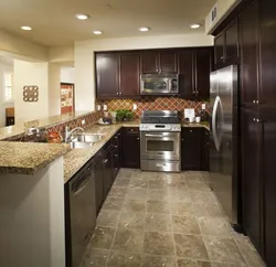 Brown tiles on the floor in the kitchen interior