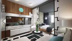 Дизайн студии с кроватью и диваном и кухней