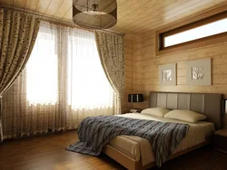 Деревянные брусья в интерьере спальни