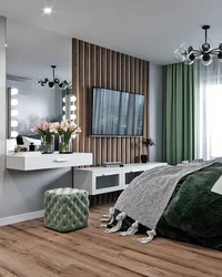 Дизайн серо изумрудной спальни