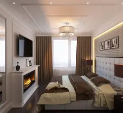 Дизайн спальни с диваном и камином