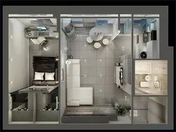 Design of 1 room apartment 38 sq m with kitchen