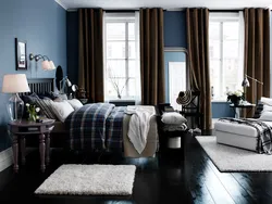 Серо синие обои в интерьере спальни