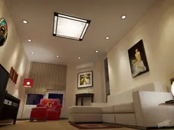 Натяжные потолки с светильниками в интерьере гостиной