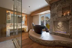 Stone walls in the bathroom interior