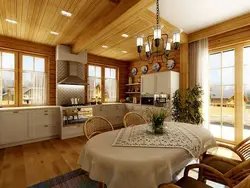 Kitchen living room in a wooden house real photos