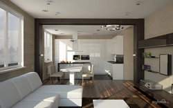 Дизайн кухни гостиной 24 кв м с 3 окнами