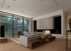 Современный дизайн гостиной в доме с большими окнами