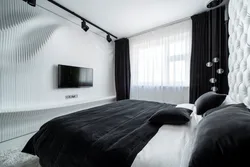 Дизайн спальни с черными шторами