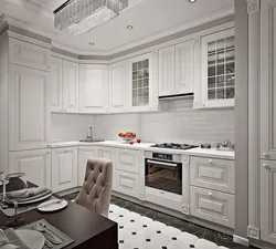 Белый кухонный гарнитур в интерьере кухни гостиной