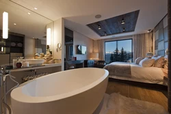 Дизайн ванной комнаты с ванной посередине