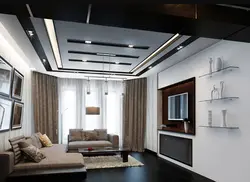 Натяжные потолки в гостиной дизайн в дом фото