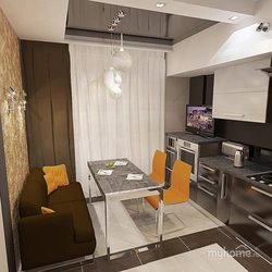 Kitchen design with sofa and TV photo 12 sq m