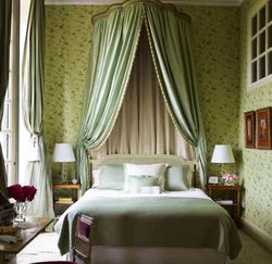 Green curtains in the bedroom interior