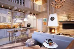Дизайн кухни гостиной в деревянном доме из бруса