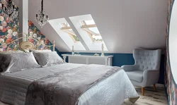 Фото дизайна спальни со скошенным потолком