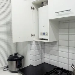 Kitchen interior 5 sq m photo with column and refrigerator