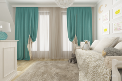 Бирюзовый цвет штор в интерьере гостиной фото