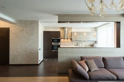 Дизайн обоев кухни совмещенной с гостиной