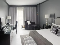 What gray furniture in the bedroom interior