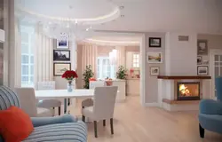 Дизайн кухни гостиной с камином в доме фото