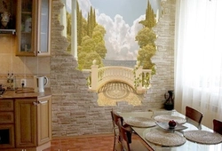 Декоративный камень на кухне фото дизайн с обоями