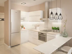 Corner kitchen design with refrigerator in light colors