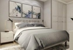 Bedroom design with gray bed