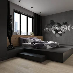 Bedroom interior design with dark wallpaper