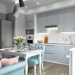 What color goes with gray-blue in the kitchen interior