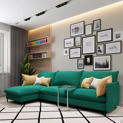 Зеленый диван в интерьере гостиной и шторы фото в интерьере