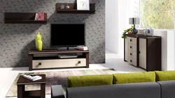 Мебель венге и беленый дуб в интерьере гостиной