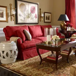 Дизайн гостиной в цвете бордовом цвете
