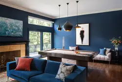 Дизайн гостиной в серо синем цвете