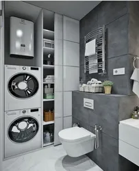 Дизайн ванной с серой стиральной машиной