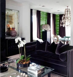 Черный диван в интерьере гостиной фото