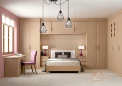 Bedroom design with double bed and wardrobe