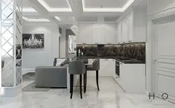 Белый пол из керамогранита в интерьере кухни гостиной