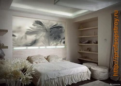 Фотообои в спальне в интерьере над кроватью
