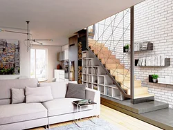 Дизайн гостиная с лестницей на второй этаж фото